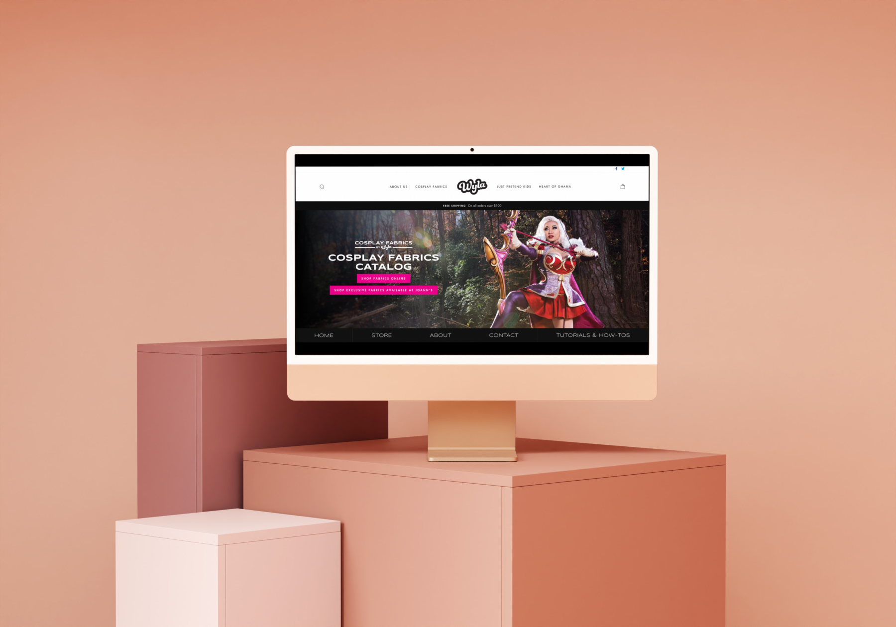 Coral iMac standing on the box in a minimalistic scene_Screen Shot 2022-11-14 at 4.29.40 PM